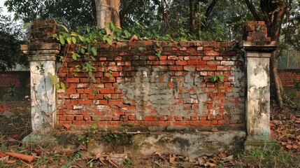 Naklejka premium A brick wall with a green plant growing out of it. The wall is old and has a lot of moss growing on it