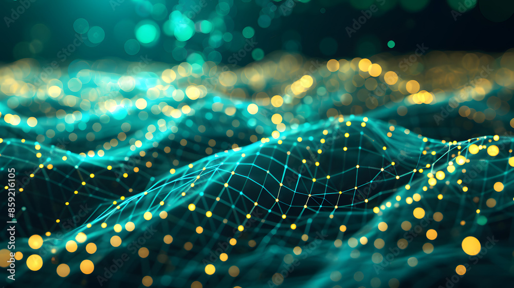 Aufkleber abstract blue green technology background with a cyber network grid and connected particles. artific