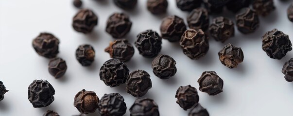 Obraz premium Black peppercorns scattered on white background