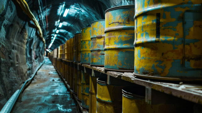 Barrels of radioactive waste stored in a nuclear repository