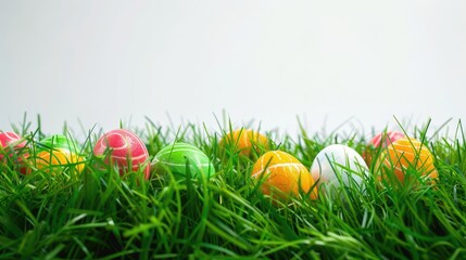 Fototapeta premium Vibrant Easter eggs in grass on white backdrop