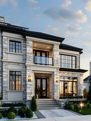Fototapeta premium Modern luxury exterior of a classic suburban style house with dark sapphire walls and large windows, surrounded by a meticulously landscaped yard.