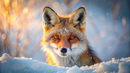 Obraz premium A red fox stands in a snowy landscape, looking directly at the camera. The sun is shining brightly in the background