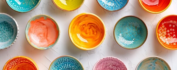 Colorful handmade ceramic bowls arranged in a pattern on a white background