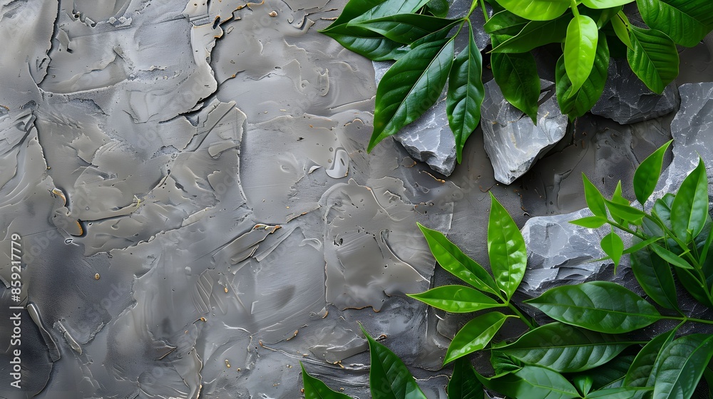 Canvas Prints natural stone and green leaves, empty background for product presentation