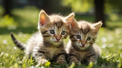 Two adorable tabby kittens play in the green grass on a sunny day