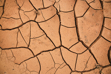 Drying cracks forming a characteristic pattern in clay soil. Natural background. World climate change, water crisis. Cracked earth. Takir, takyr soils. Landform, drying out saline soil in desert