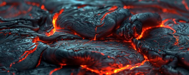 Molten lava flow with glowing cracks, extreme close-up. Volcanic eruption concept