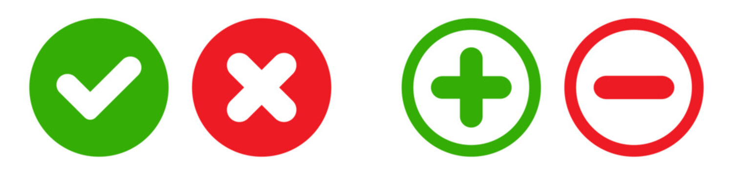 Set of check mark, x mark, plus sign and minus symbol icons in circle shape.