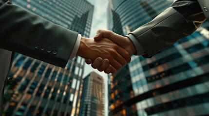 Detailed corporate handshake moment, two business professionals' agreement, skyscraper office background, high clarity.