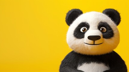 Fototapeta premium A cartoon panda bear is smiling with a yellow background.