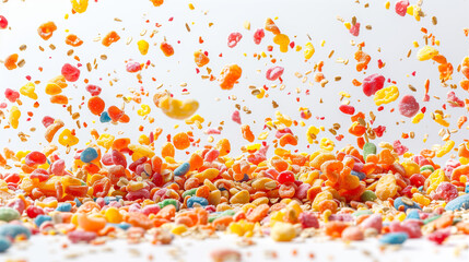 Exploding fruity pebbles cereal with individual pieces floating in white space, depth of field, isolated white background