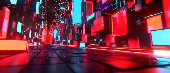 Futuristic Neon Cityscape With Glowing Red and Blue Lights