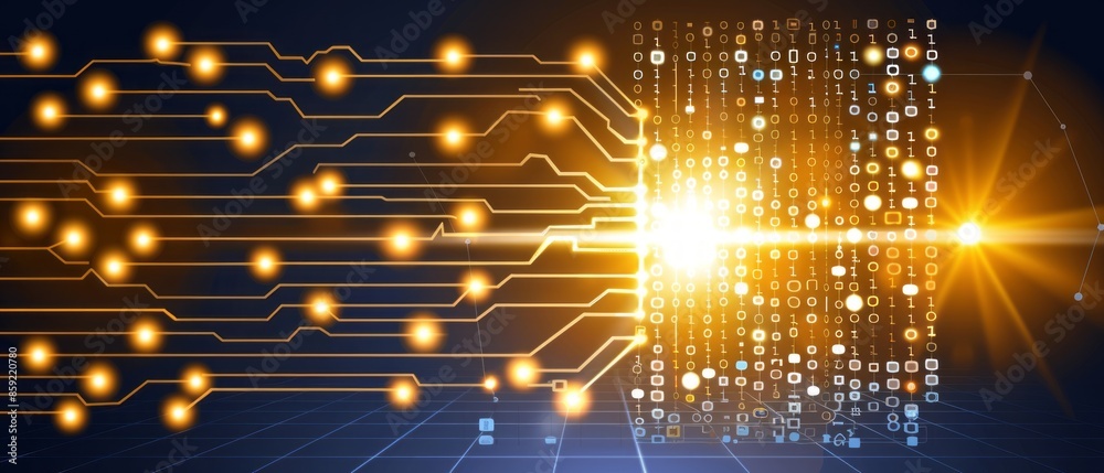 Poster abstract digital circuit board with binary code and glowing lights