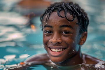 between 16 and 17 years old, A full-length african american teen boy swimming in a pool, smiling