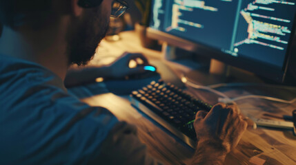 A close-up of a programmer intensely working late at night, surrounded by glowing computer screens filled with lines of code in a dimly lit room.