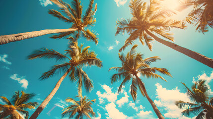 Blue sky and palm trees view from below, vintage style, tropical beach and summer background, travel concept