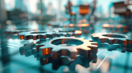 Digital illustration of business professionals integrating gears, representing synergy and strategic alignment in a corporate environment. Dynamic visual for partnership and efficiency.
