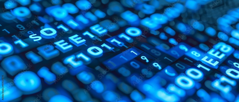 Poster close-up of a blue digital display with binary code