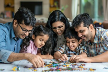 Fototapeta premium Happy Indian Family Assembling Puzzle Together At Home - Quality Time Bonding Concept