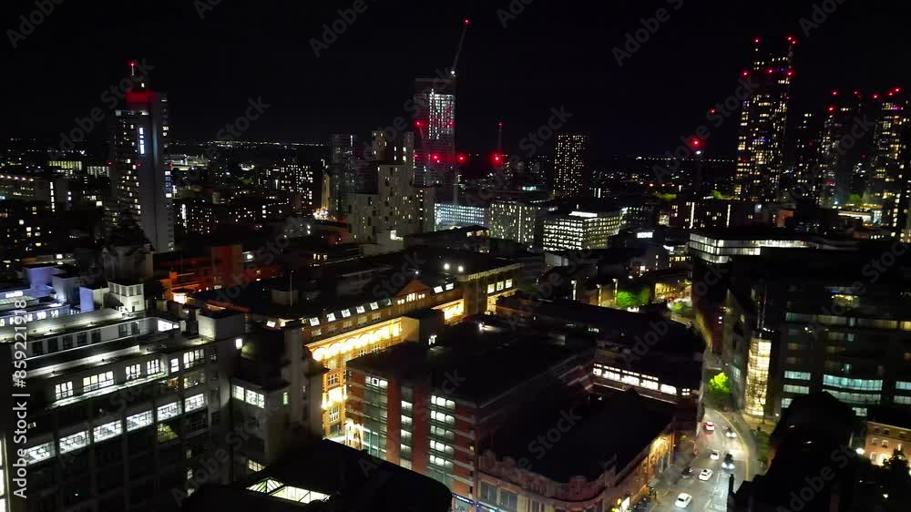 Canvas Prints Aerial View of Illuminated Greater Manchester Central City During Cloudy Night, Northwest of England,  United Kingdom. May 4th, 2024 - Canvas Prints