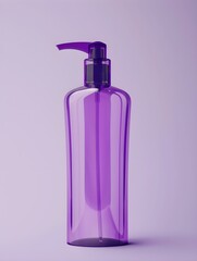 plastic transparent purple empty blank tall shampoo bottle with a dispenser with copy space, template mockup for cosmetic packaging, product advertising concept 