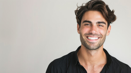 Obraz premium A young man with a light beard and tousled hair smiles warmly, exuding confidence against a neutral background.