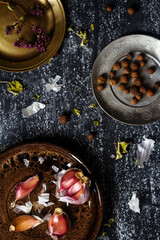 Small plates on blackboard texture