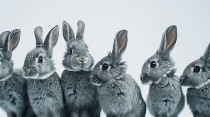 Obraz premium Group of gray rabbits on white background, cute animal portrait. Adorable pet and wildlife concept