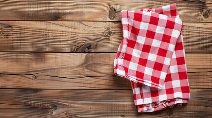 Obraz premium red checkered tablecloth napkin on empty wooden table, top view. kitchen rustic background, mock up for design