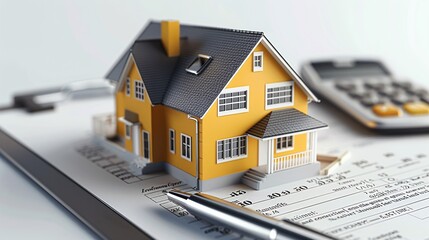 Real estate contract with house model and pen. 3d illustration.