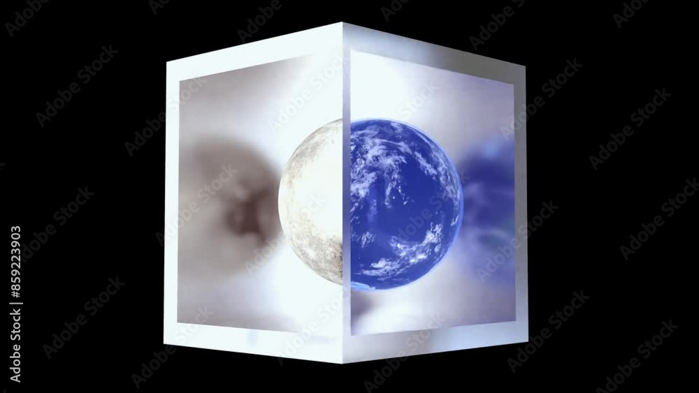 Wall mural the earth and moon seamless rotating 360 degree in the metallic box as 3d modeling concept art of pl