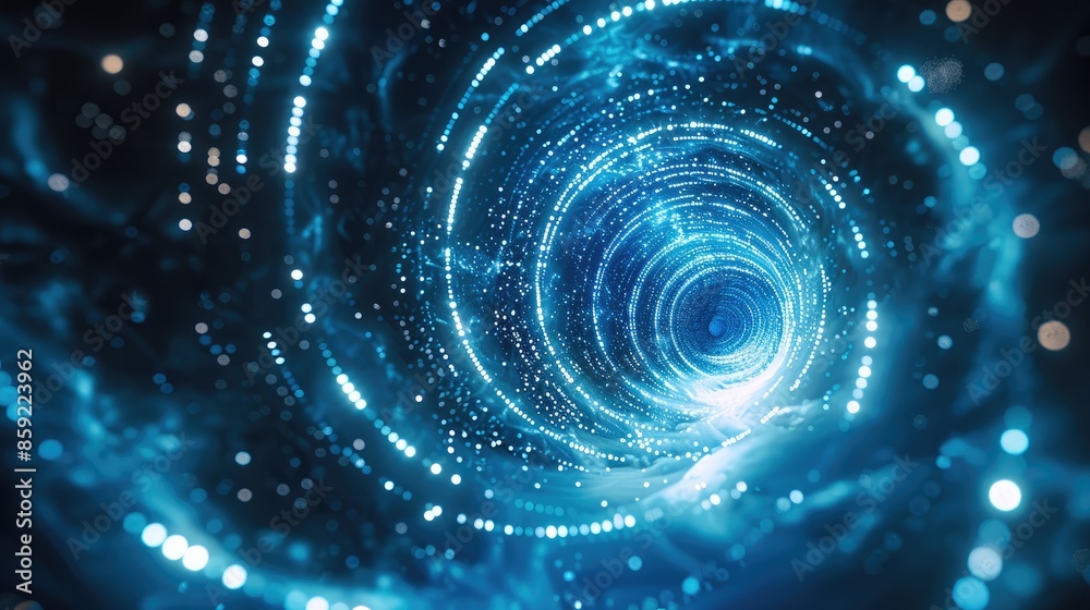 Aufkleber Blue background with glowing lines and circles in the center, futuristic style. The light effect is blue color with white dots of different sizes on dark space for design elements. Generative AI.