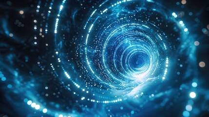 Obraz premium Blue background with glowing lines and circles in the center, futuristic style. The light effect is blue color with white dots of different sizes on dark space for design elements. Generative AI.