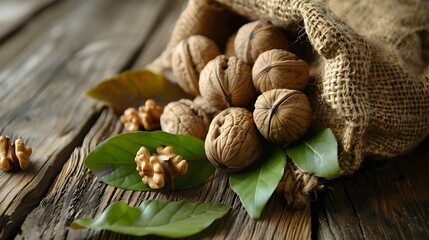 ripe and youthful walnuts with green leaves nestled in a jute sack on a wooden surface