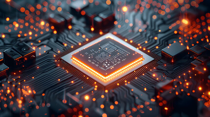 Computing processor, CPU, microchip and electronic circuit board. Advanced technology conceptual background