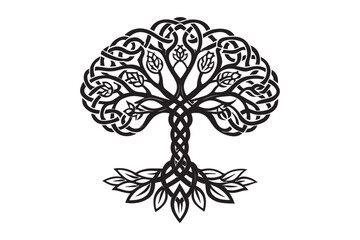 Celtic knot tree silhouette vector style white background