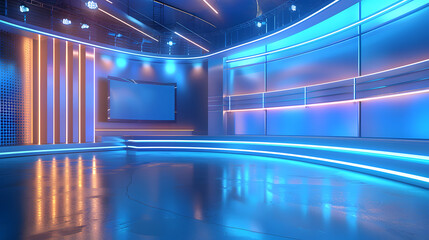 Contemporary digital news broadcasting backdrop featuring chroma key functionality. Concept TV Studio Set, Chroma Key, Digital News, Contemporary Design