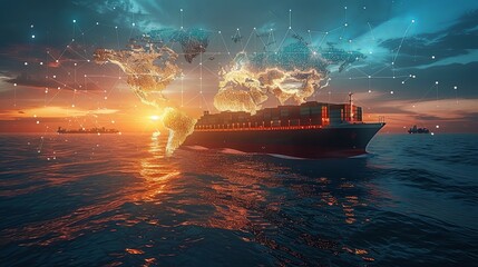 An industrial ship sails at dusk with a digital data world map overlay, illustrating global trade, modern logistics, and the seamless integration of technology.