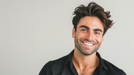 Obraz premium A young man with a light beard and tousled hair smiles warmly, exuding confidence against a neutral background.
