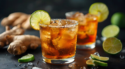 Dark and stormy cocktail with lime in glasses, ginger root, on table, nordic lounge, modern, no smoke, dark environment, low dop