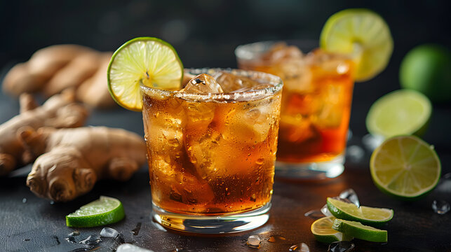 Dark and stormy cocktail with lime in glasses, ginger root, on table, nordic lounge, modern, no smoke, dark environment, low dop