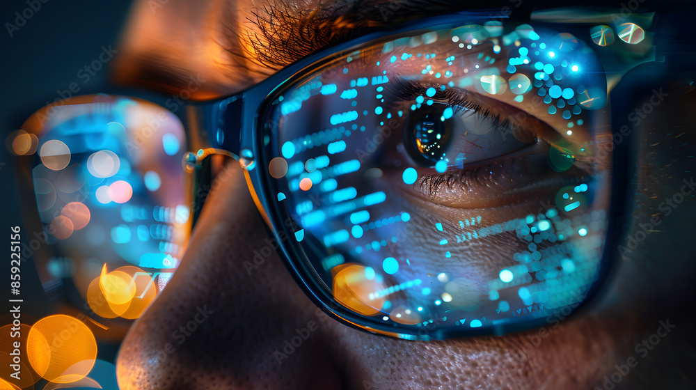 Wall mural data reflecting on eyeglasses on man's face. computrer programmer big data and ux designer concept