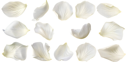 Collection of soft white flower petals isolated on a white background