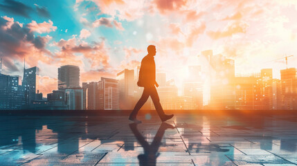 High-definition profile shot of a businessperson taking a purposeful step, emphasizing realism and dynamic movement. Urban backdrop adds depth and context.