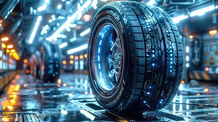 A tire on a platform full of technology, luminous elements, technological sense, tires. Generative AI.