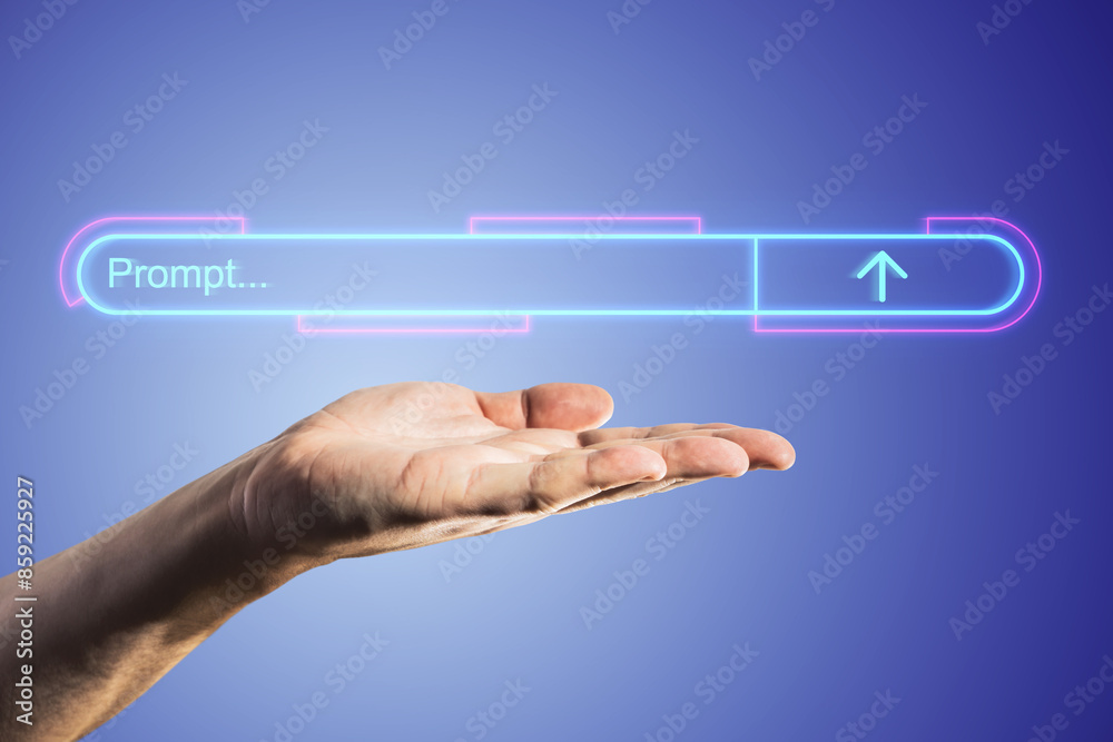Poster An open hand with a neon glow effect of an arrow and 'Prompt. ' above it, against a blue gradient background, depicting a futuristic concept