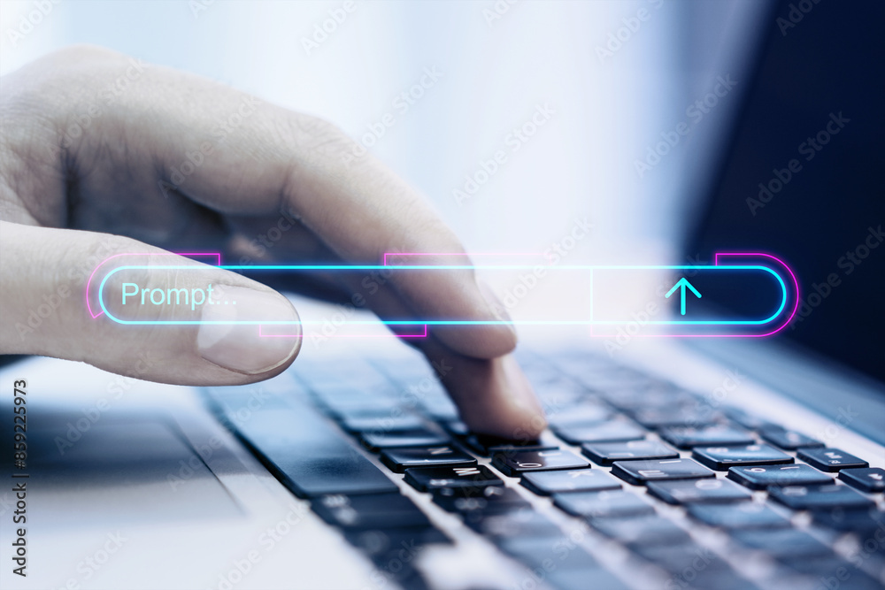Poster a hand interacting with a futuristic holographic prompt on a keyboard, set against a blurred office 