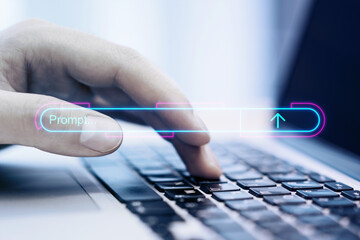 A hand interacting with a futuristic holographic prompt on a keyboard, set against a blurred office...