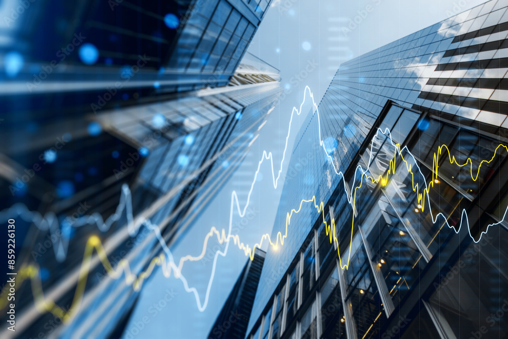 Poster a double exposure image of skyscrapers with overlay of financial graphs, set against a blurred backg